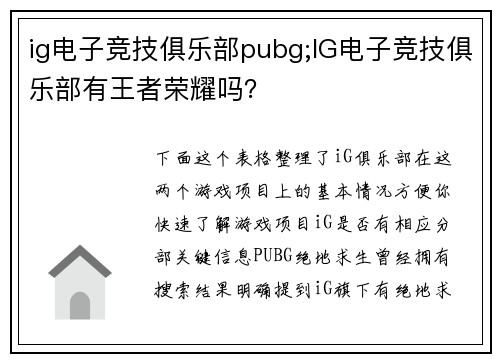 ig电子竞技俱乐部pubg;IG电子竞技俱乐部有王者荣耀吗？